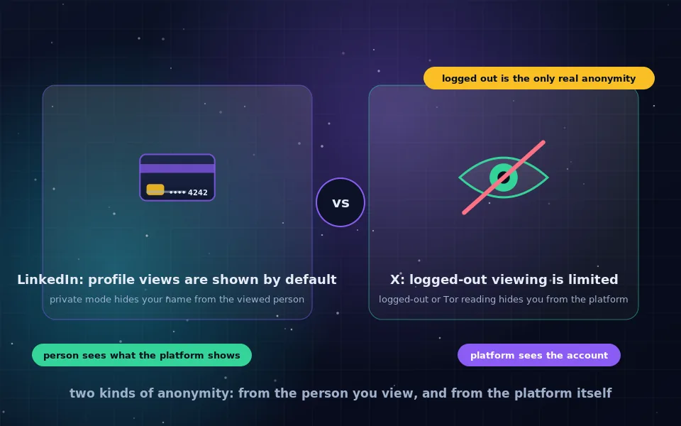 Illustration of anonymous browsing on professional and social platforms: two profile cards, one with a viewer icon crossed out and one behind a login wall, with a browser using Tor between them