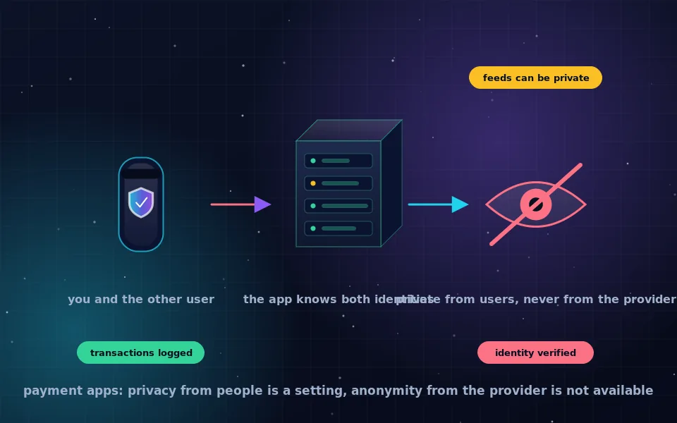 Illustration of payment apps: three phone screens with transactions, privacy toggles set to private, and a provider's server above that still sees everything