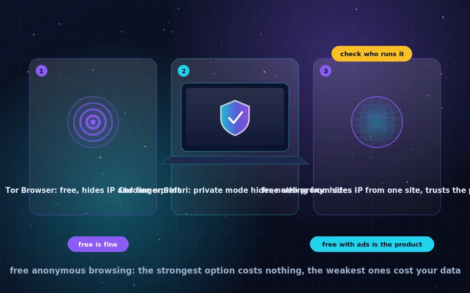 Illustration of free anonymous browsing options: an onion-marked browser, Chrome and Safari windows with limited shields, and a web proxy form, each labelled with what it hides