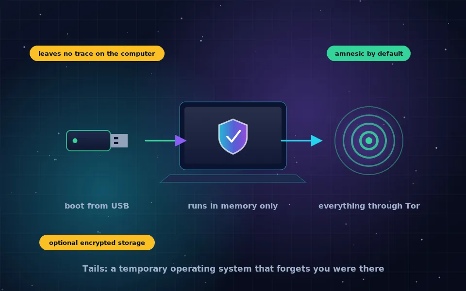 Illustration of Tails OS: a USB drive booting a laptop, all traffic flowing through Tor relays, and a fading trail showing that nothing is saved on shutdown