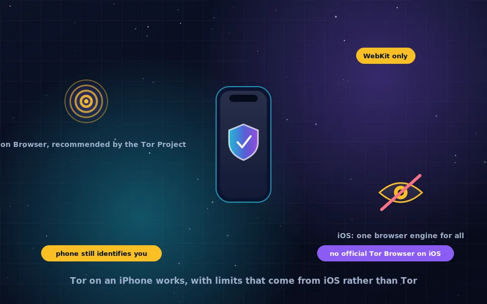 Illustration of anonymous browsing on an iPhone: a phone with an onion icon connecting through Tor relays, with a note that iOS requires Apple's browser engine