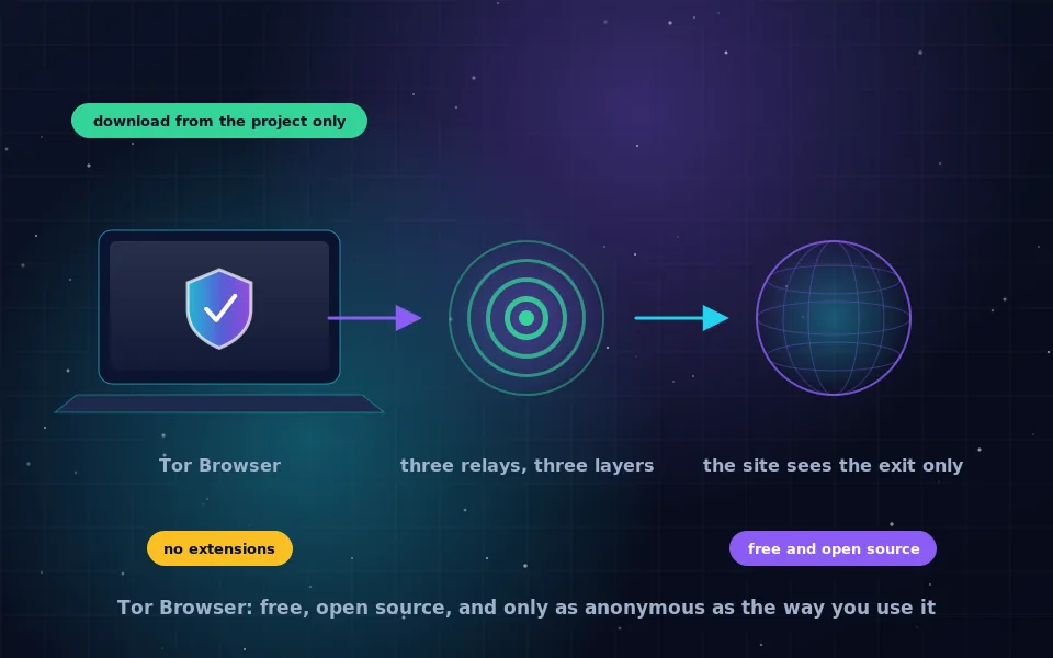 Illustration of Tor Browser: a laptop connecting through three onion-layered relays to the open web, with a download shield and a warning about extensions