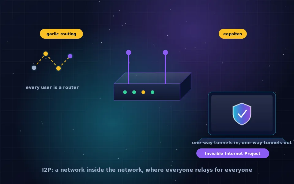 Illustration of the I2P network: a router node with unidirectional tunnels in and out, connected to a mesh of peers, with a browser configured to use it