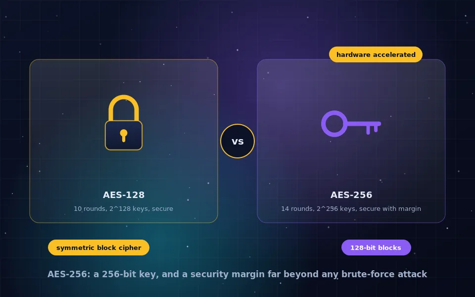 Illustration of AES-256 encryption: a data block passing through fourteen rounds of a cipher with a 256-bit key, compared beside a shorter 128-bit key