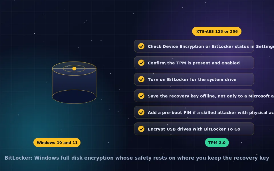 Illustration of BitLocker: a Windows laptop with its drive sealed, a TPM chip holding the key, and a recovery key card stored separately