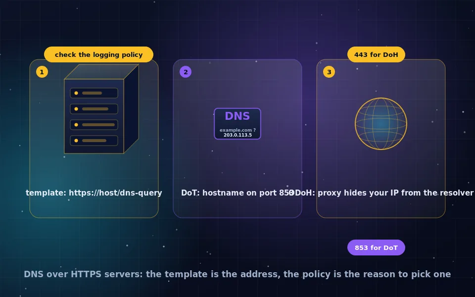 Illustration of DNS over HTTPS servers: a list of resolver cards with template URLs and ports, each with a lock icon, and one routed through an oblivious proxy
