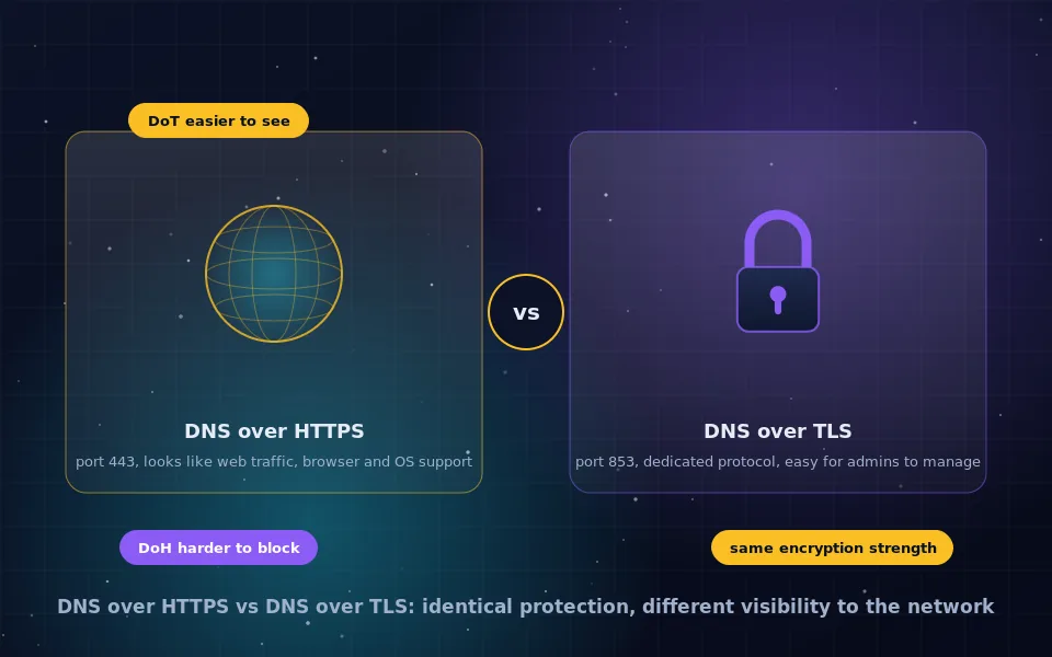 Illustration of DNS over HTTPS: a DNS query wrapped inside an HTTPS request on port 443, blending with web traffic, next to a DNS over TLS query on its own port