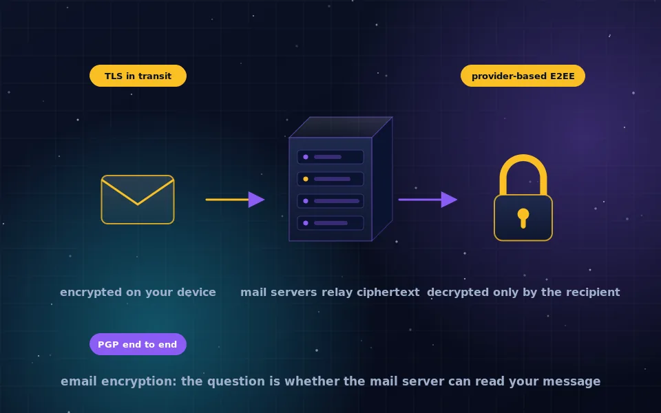 Illustration of email encryption: a message sealed on the sender's device, passing through mail servers as ciphertext, and opened only on the recipient's device