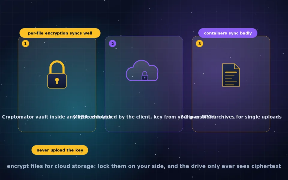 Illustration of encrypting files for cloud storage: a vault folder on a laptop turning documents into sealed blocks that sync to a cloud drive