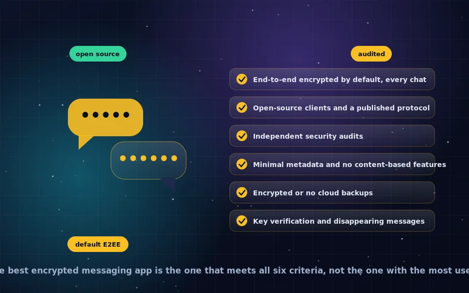 Illustration of encrypted messaging apps: several phones exchanging locked messages through a server that sees only ciphertext, with a checklist of criteria beside them