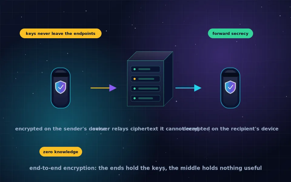Illustration of end-to-end encryption: two devices exchanging keys, a message encrypted on one and decrypted on the other, with the server in between seeing only ciphertext