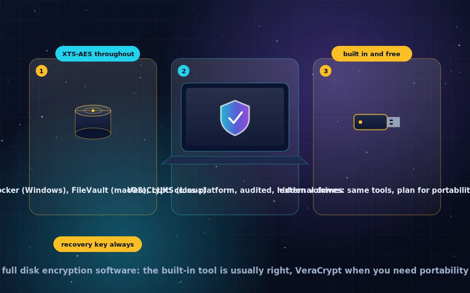 Illustration of full disk encryption software: four drives labelled for Windows, macOS, Linux and cross-platform, each sealed with a lock, plus an external drive
