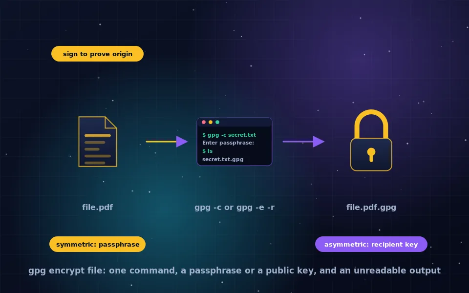 Illustration of GPG file encryption: a terminal with a gpg command turning a document into a .gpg file, with a key and a passphrase prompt beside it