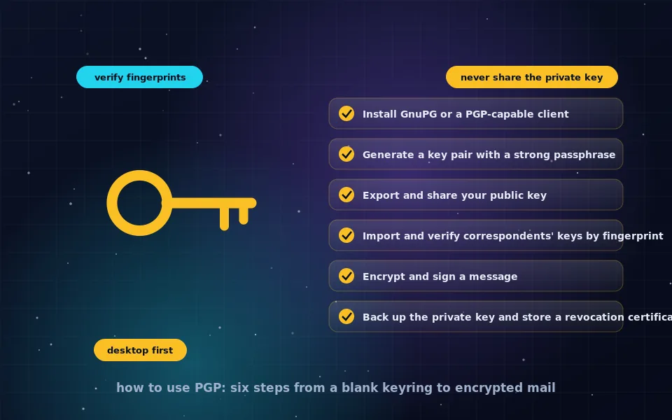 Illustration of using PGP: a key pair being generated on a desktop, the public key shared to a correspondent, and an encrypted message flowing back