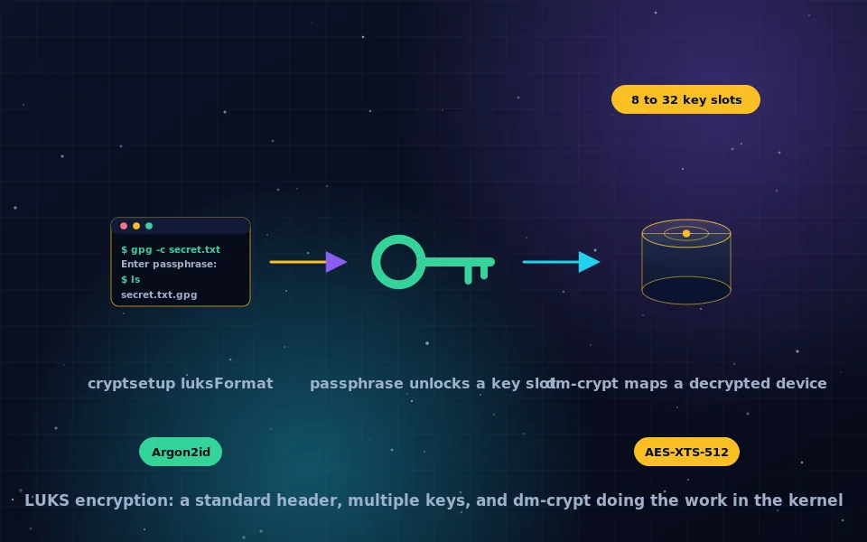 Illustration of LUKS encryption: a Linux disk with a LUKS header holding several key slots, unlocked by a passphrase to reveal a mounted volume