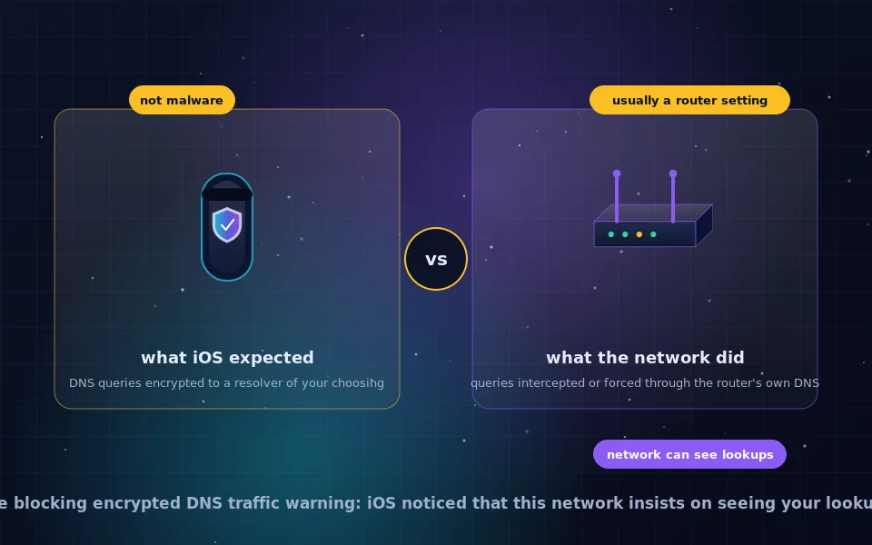 Illustration of the blocking encrypted DNS traffic warning: an iPhone Wi-Fi screen with a privacy warning, a router intercepting a DNS query, and a lock icon crossed out