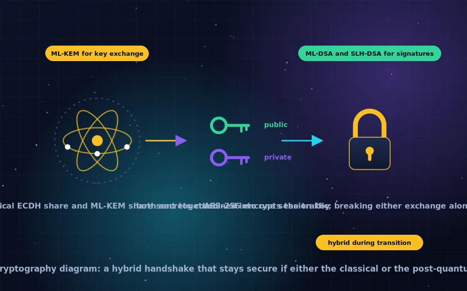 Illustration of post-quantum cryptography: a lattice grid with a hidden closest point, a hash tree, and a diagram of a hybrid key exchange combining classical and post-quantum shares