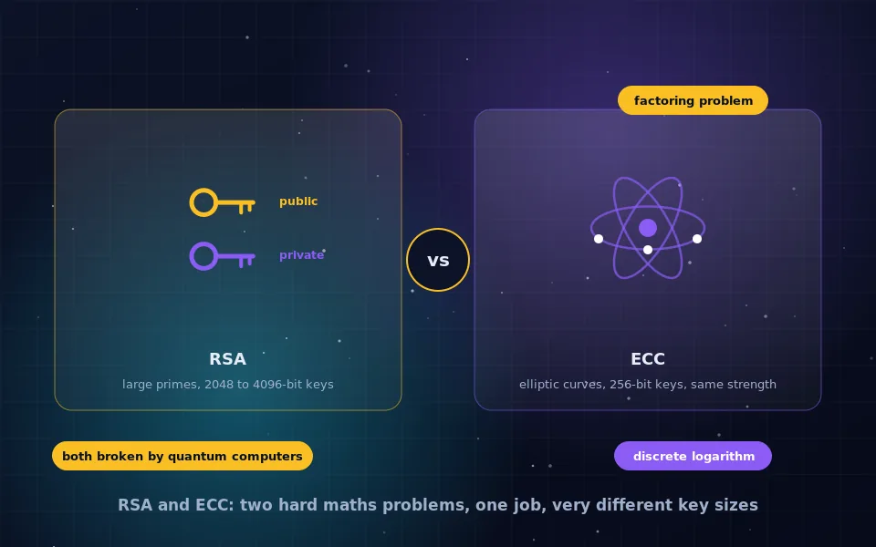 Illustration of RSA and ECC: two large primes combining into a public modulus with a private key beside it, and an elliptic curve with a point being multiplied