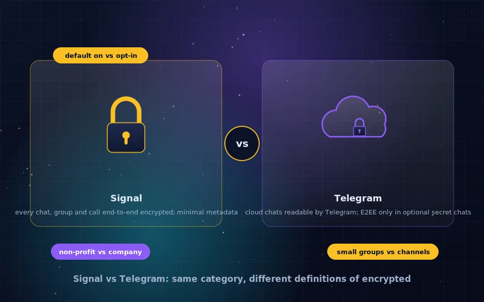 Illustration comparing Signal and Telegram: two phones, one with every chat locked end to end, the other with chats stored on a cloud server and a single locked secret chat