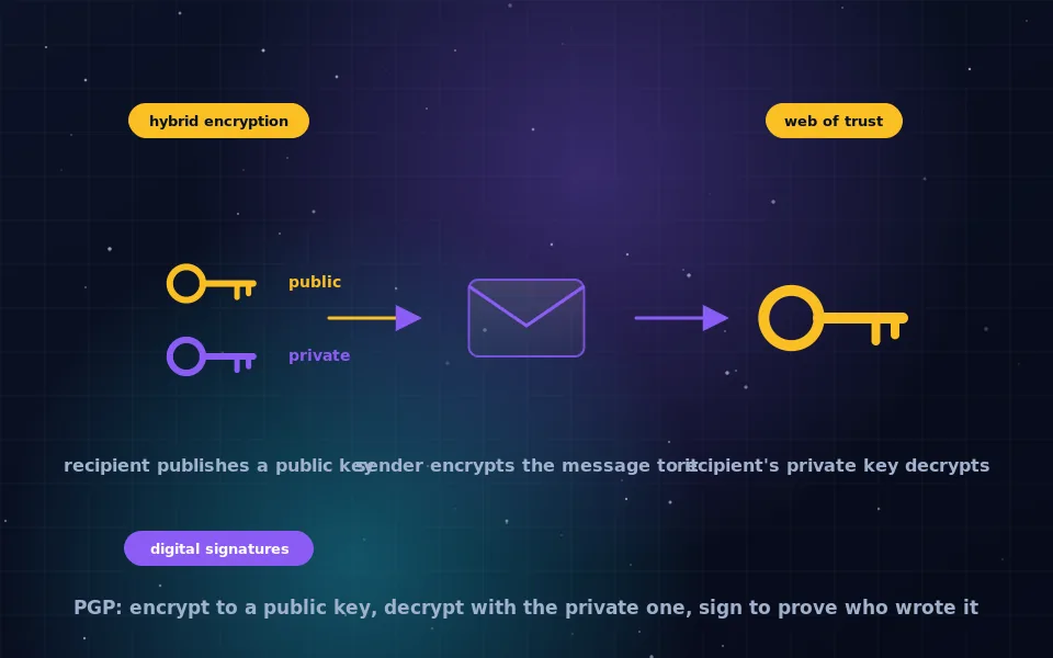 Illustration of PGP encryption: a public key posted openly, a message encrypted with it in an envelope, and a private key held by the recipient that opens it