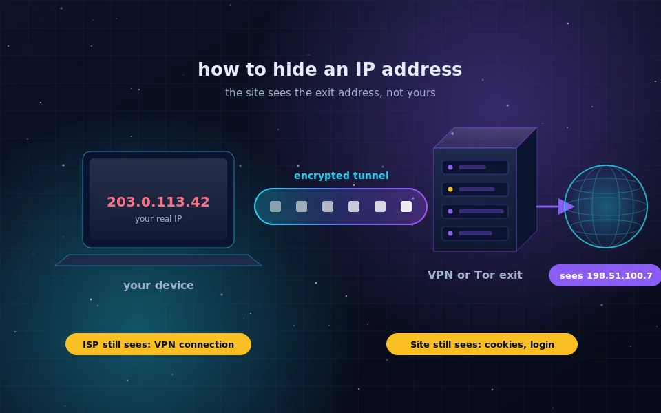 How to hide an IP address: a laptop with its real IP sends traffic through an encrypted tunnel to a VPN or Tor exit, and the destination site sees only the exit address