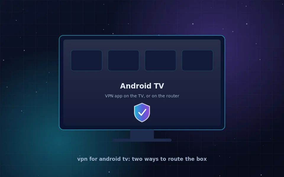 VPN for Android TV: a television running Android TV with a VPN app tile connected, next to a router showing an alternative whole-network tunnel