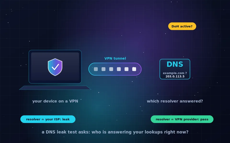 Illustration of a DNS leak test: a laptop behind a VPN tunnel with a DNS panel showing which resolver answered the query
